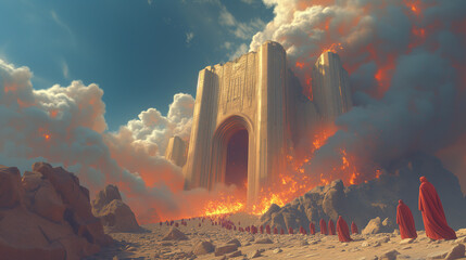 Ancient Biblical temple on fire - obrazy, fototapety, plakaty