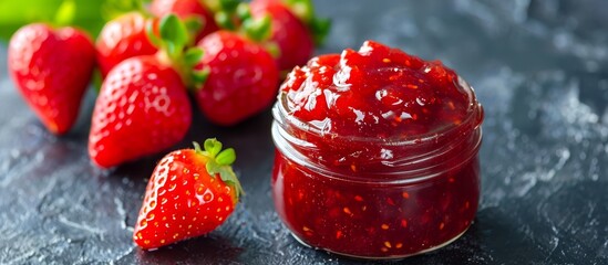 A jar of strawberry jam, made from natural and fresh strawberries, sits beside the fruit on a table, ready to be used as a delicious ingredient in recipes or as a staple food. - Powered by Adobe