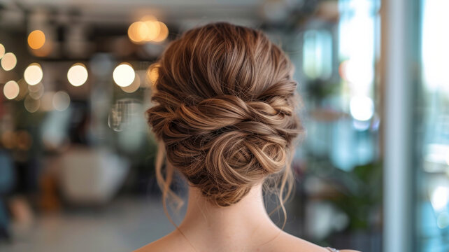 A woman with a sophisticated updo hairstyle poses for the camera, highlighting the beauty and craftsmanship of her hair
