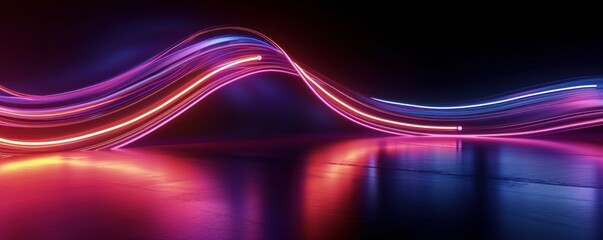 3d render. Abstract panoramic background of twisted dynamic neon lines glowing in the dark room with floor reflection. Virtual fluorescent ribbon loop. Fantastic minimalist, Generative AI - obrazy, fototapety, plakaty