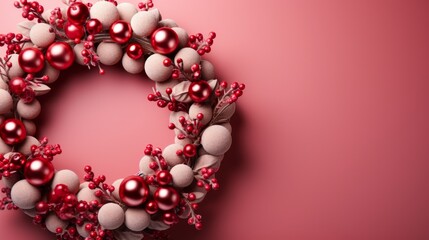 Obraz premium Wreath of pink and red Christmas balls on a pink pastel background.