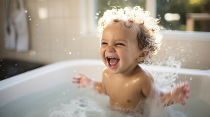 A child enjoying a bubble bath in a bright and clean bathroom