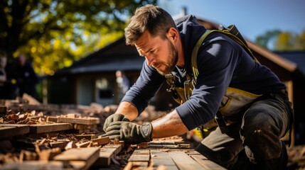 A man in uniform works with wood on the street. Against the background of the house.