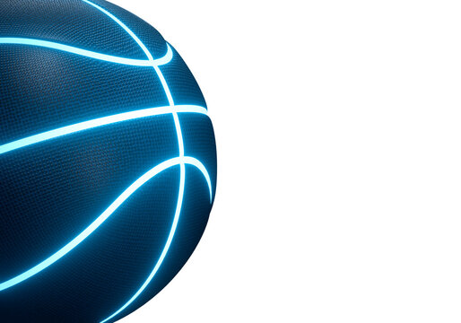 Blue basketball with bright glowing neon lines on white background
