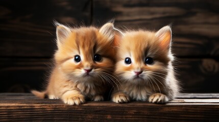Obraz premium Two little red kittens on a wooden background.