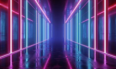 3d render, abstract geometric background with glowing stripes, empty room with floor reflections, Generative AI