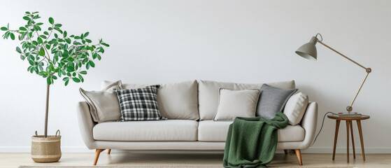 Comfortable modern sofa, soft luxury couch in cozy living room minimal elegant aesthetic home...