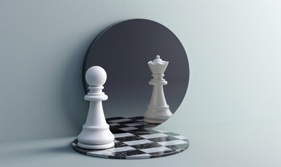 3d render, chess game white pawn piece stands in front of the round mirror where white king reflects. Contradiction metaphor. Perceptual distortion concept. Minimalist, Generative AI