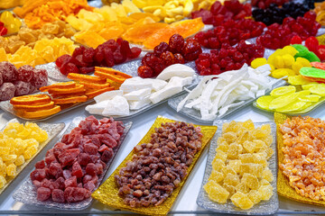 Various colorful candied dried from exotic fruits and berries top view.
