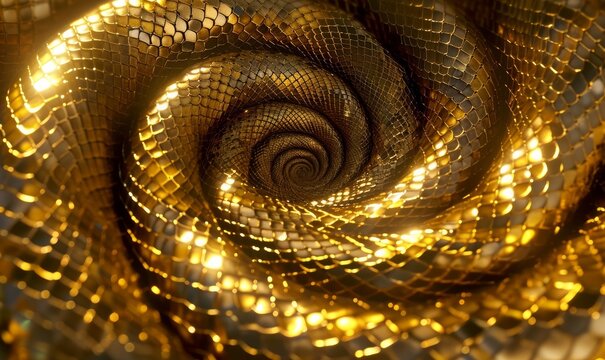 seamless 3d animation, abstract background with golden snake spiral, shiny metallic dragon scales texture, Generative AI