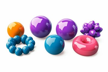 3d render, simple geometric shapes, primitives and abstract objects. Collection of colorful balls, spheres and round design elements, isolated on white background, Generative AI
