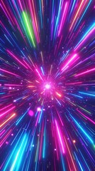 looping 3d, abstract neon background with colorful frozen firework, glowing lines and stars spin and rotate, Generative AI