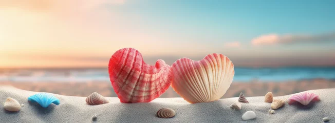 Fotobehang dos conchas con forma de corazón juntas en posición vertical, sobre la arena dorada de una playa y fondo desenfocado del mar y cielo azul, en la puesta de sol © Helena GARCIA
