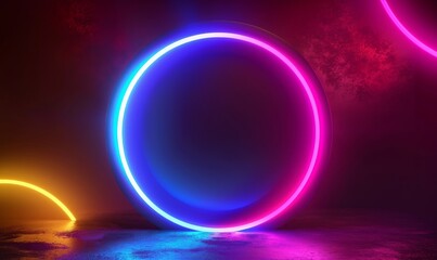 3d render, abstract neon background. Glowing neon ring, gradient light. Blank round frame, Generative AI