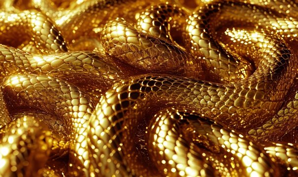 3d abstract background with tangled golden metallic snakes moving, shiny scales texture macro. Looping animation, continuous sequence, Generative AI