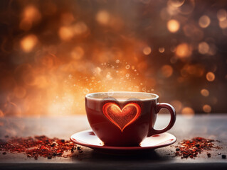 taza de café con corazón rojo grabado y plato rodeado de virutas de chocolate, sobre soporte de madera envejecida con granos de café y fondo dorado desenfocado efecto bokeh - obrazy, fototapety, plakaty