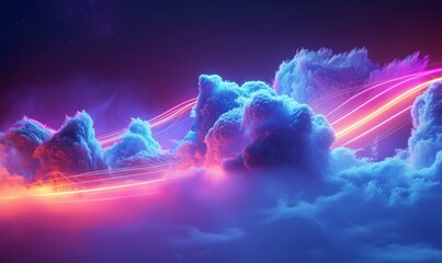 3d render, abstract fantasy background. Fantastic neon cloud and glowing dynamic lines, Generative AI