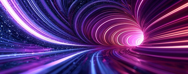 3d render, abstract panoramic background with tunnel turn. Bright purple pink neon rays and lines glowing in ultraviolet light, Generative AI