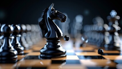 3d illustration, chess game aggressive move, black horse breakthrough, knight chess piece attacks. Business planning strategic concept, Generative AI - obrazy, fototapety, plakaty