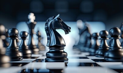3d illustration, chess game aggressive move, black horse breakthrough, knight chess piece attacks. Business planning strategic concept, Generative AI - obrazy, fototapety, plakaty