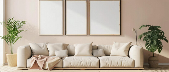 Frames mock up on color wall hanging above cozy home sofa. Modern living room comfortable stylish trendy couch posters decor background. Empty blank pictures canvas interior design decoration mockup .