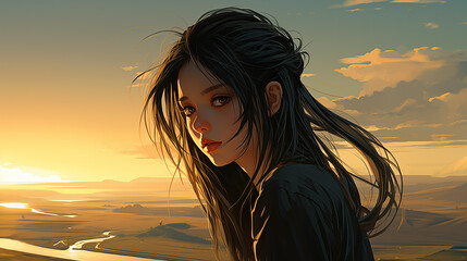 sad anime woman after crying looking in to cameraman, sunset beach wallpaper