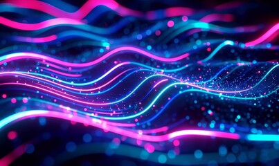 Obraz premium looping 3d animation. Abstract background with unfocussed pink blue glowing neon wavy lines and bokeh lights. Topographic map hills. Equalizer sound wave, Generative AI