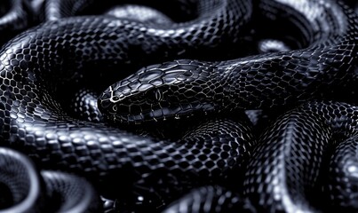 3d render, abstract background with black snake with metallic scales texture, Generative AI