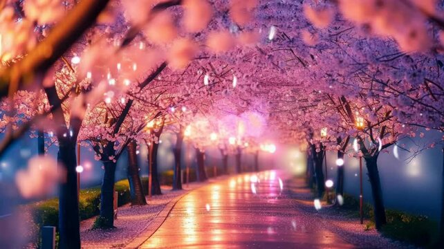 very beautiful cherry blossom trees on the side of the road. seamless looping time-lapse virtual 4k video Animation Background.