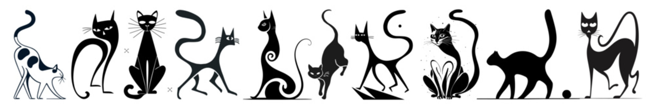 Abstract black cat silhouettes set. Outline monochrome drawing of cute cats in retro Atomic age style. Vintage vector illustrations, isolated design elements for logo, tattoo, wall art, card, poster.