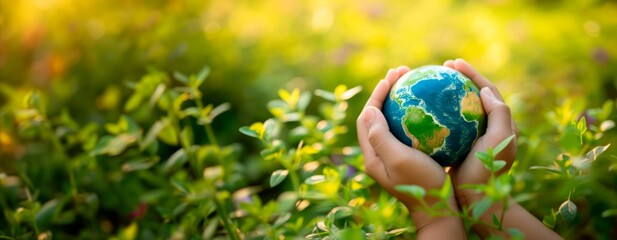  child holds a small earth on a green grass,, horizontal background. Earth Day banner template, ecology and environment concept, large copy space for text