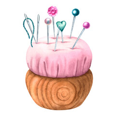 Pink pincushion with sewing needle and thread and tailor's pins. Hand drawn watercolor illustration isolated on background. Suitable for handmade logos, stickers, postcards for creative people.