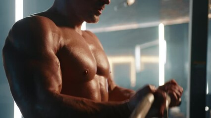 In the artificial illumination of the gym, a focused man is captured doing bicep curls with a cable machine, showcasing his muscular endurance and technique. Camera 8K RAW.
