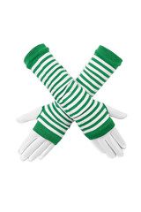 Close-up photo of a pair of striped fingerless gloves with thumbhole. Long white and green glovelettes are isolated on a white background. Front view.