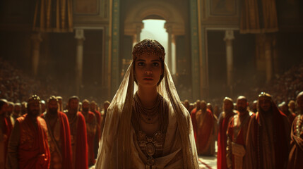 Queen Esther, Jewish woman, walking down hallway, ancient times