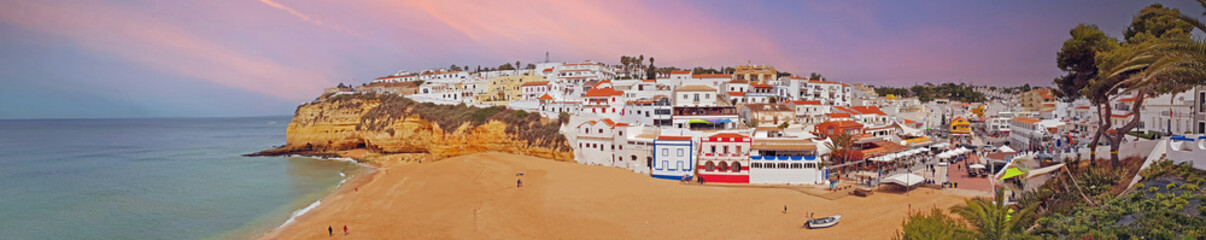 Aerial panorama from the village Carvoeiro in the Algarve Portugal at sunset