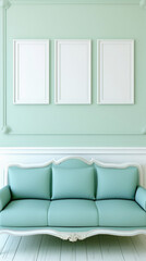 Fototapeta premium Frames mock up on color wall hanging above cozy home sofa. Modern living room comfortable stylish trendy couch posters decor background. Empty blank pictures canvas interior design decoration mockup .