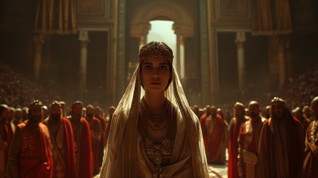 Queen Esther, Jewish woman, walking down hallway, ancient times