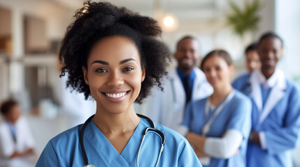 Happy young nurse in uniform with successful healthcare team in background