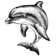 A graphic, black-and-white sketch-style image of a dolphin on a white background.  - 731931755