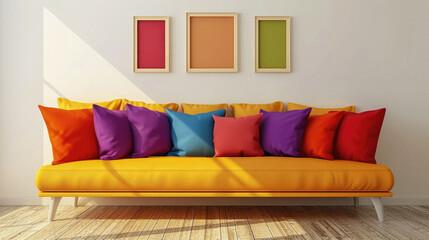 Frames mock up on color wall hanging above cozy home sofa. Modern living room comfortable stylish trendy couch posters decor background. Empty blank pictures canvas interior design decoration mockup .