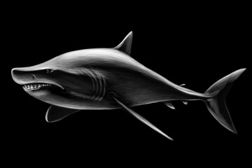 Graphic, black and white image of a shark on a black background.