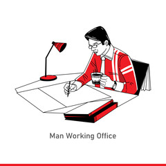 Man working at computer in thoffice and at home, vs flat cartoon illustration. Vector businessman at workplace, sitting at desk and on sofa, freelancer and employer, benefits of work, covid quarantine