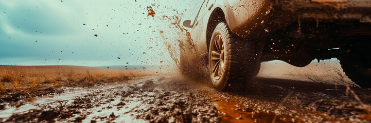 Getting off the beaten path. Car wheels on steppe terrain splashing with dirt. SUV or offroader on mud road. Car racing offroad. Offroad car in action. Dirty car drive on high speed