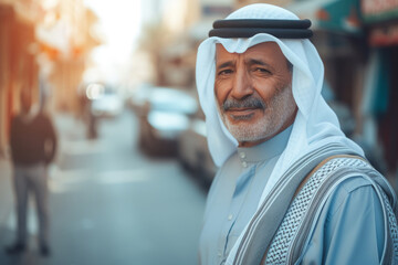 Arab man in traditional clothes on a city street, Bearded man wearing headscarf keffiyeh and kandura - obrazy, fototapety, plakaty