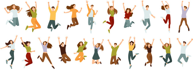 Big set of hugging people in flat style. Men and women are in a dynamic jumping pose.