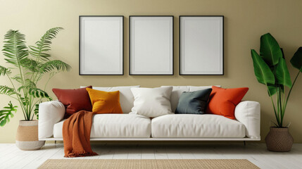 Frames mock up on color wall hanging above cozy home sofa. Modern living room comfortable stylish trendy couch posters decor background. Empty blank pictures canvas interior design decoration mockup .