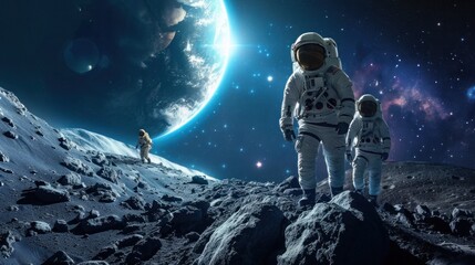 Astronauts exploring the lunar surface, a scene capturing the essence of moon exploration and space...