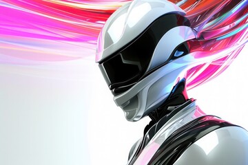 Futuristic fashion and style trends background, A digital art piece of a figure in white helmet on pink, embodying the future of fashion with a translucent, airy appeal, perfect for visionary fashion