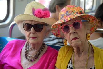 Two elderly women showcasing timeless elegance with chic hats and vibrant coats while using smartphones on a bus, perfect for lifestyle editorials or articles on seniors embracing technology..